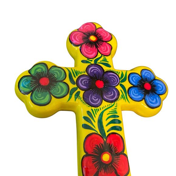 Ceramic CROSS Yellow Colorful High Gloss with Flowers Mexican Folk Wall Art 7" - Picture 3 of 11